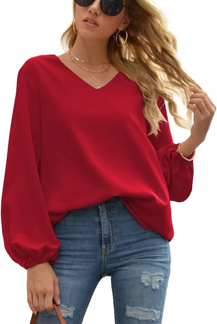 WANGZHI Women's Casual Sweet & Cute Loose Shirt Balloon Sleeve V-Neck Blouse Top