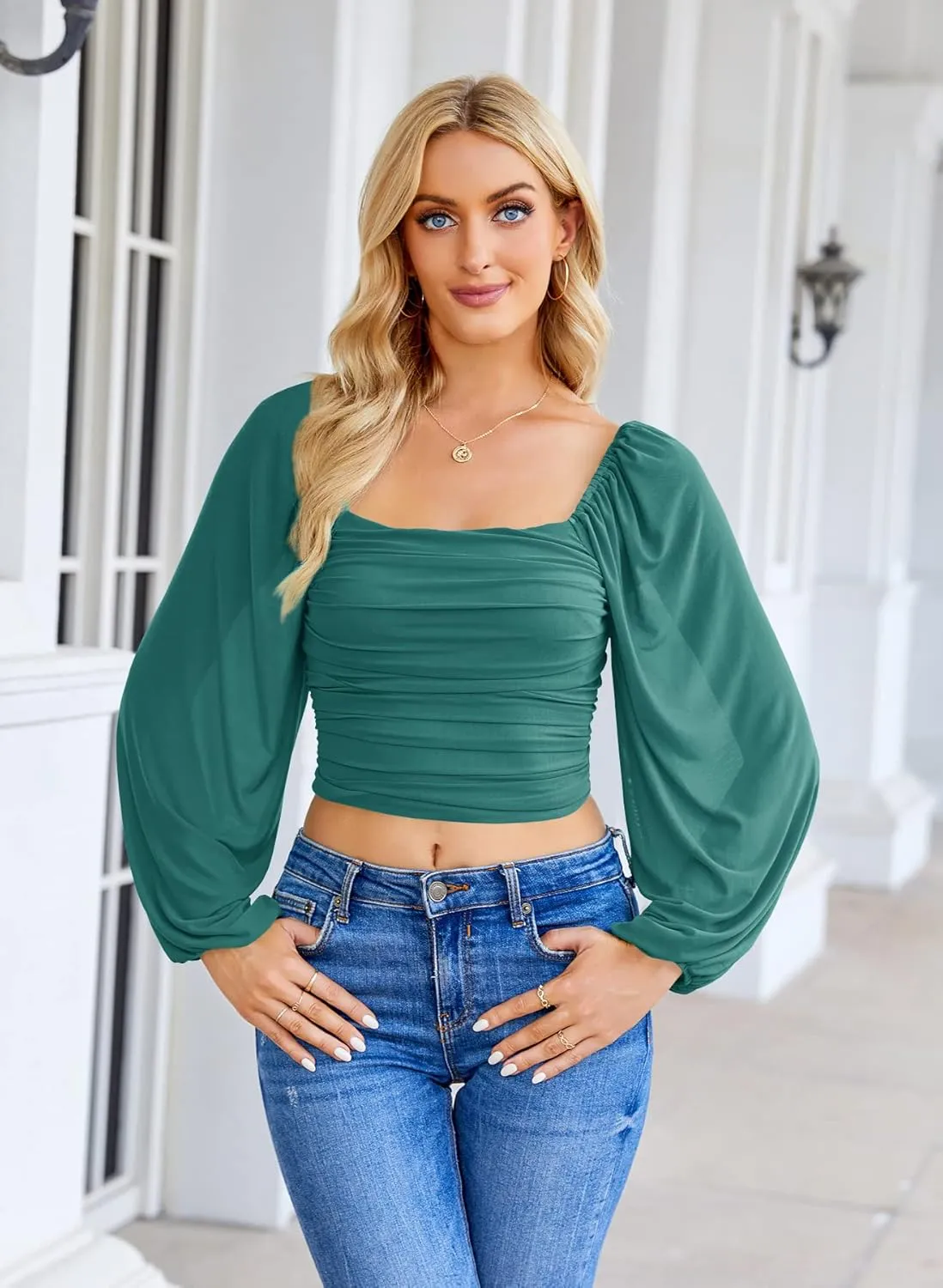 Wenrine Womens Mesh Long Sleeve Crop Tops Night Going Out Square Neck Off The Shoulder Ruched Shirt Blouses Dressy Casual