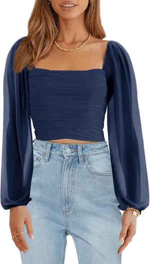Wenrine Womens Mesh Long Sleeve Crop Tops Night Going Out Square Neck Off The Shoulder Ruched Shirt Blouses Dressy Casual