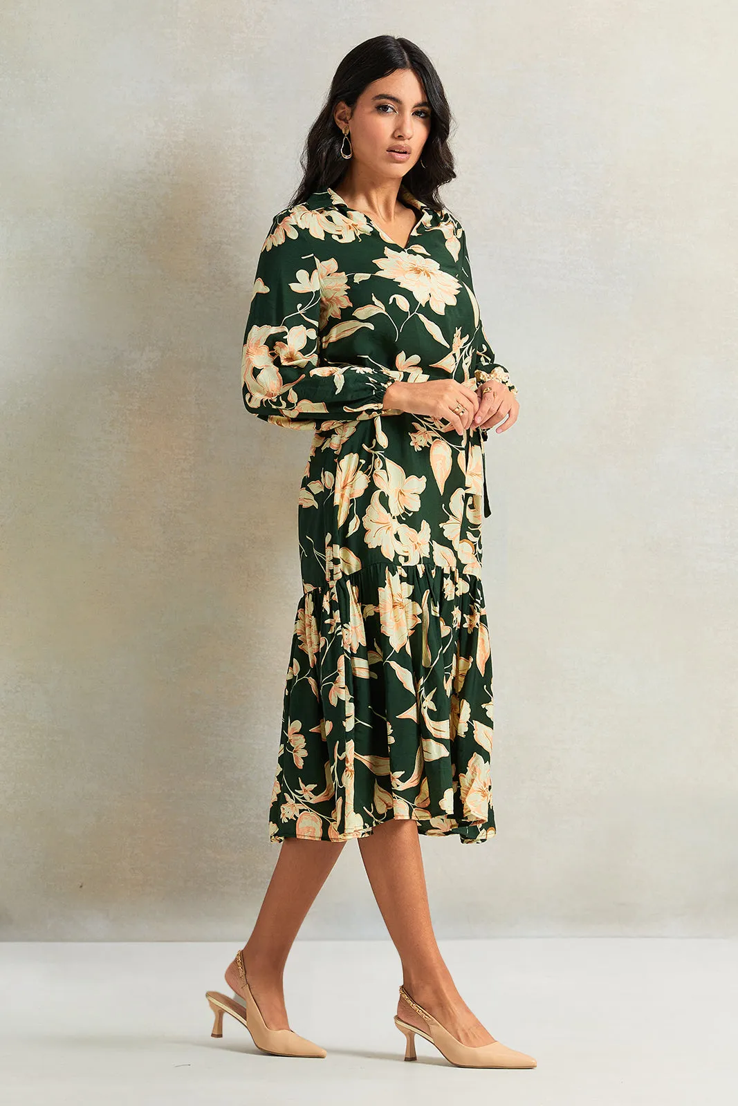 Women Green Printed Long Sleeve Dress