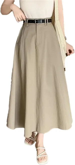 Women Spring Summer Vintage High Waist Denim A-Line Midi Elegant Pleated Umbrella Skirts