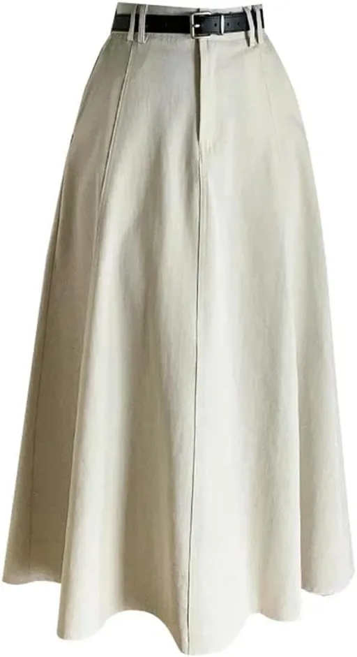 Women Spring Summer Vintage High Waist Denim A-Line Midi Elegant Pleated Umbrella Skirts
