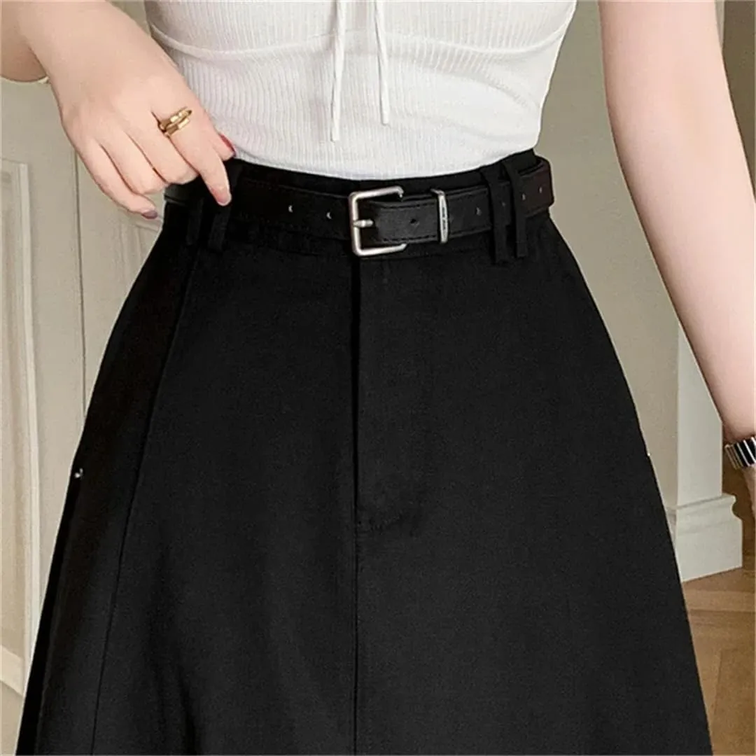 Women Spring Summer Vintage High Waist Denim A-Line Midi Elegant Pleated Umbrella Skirts