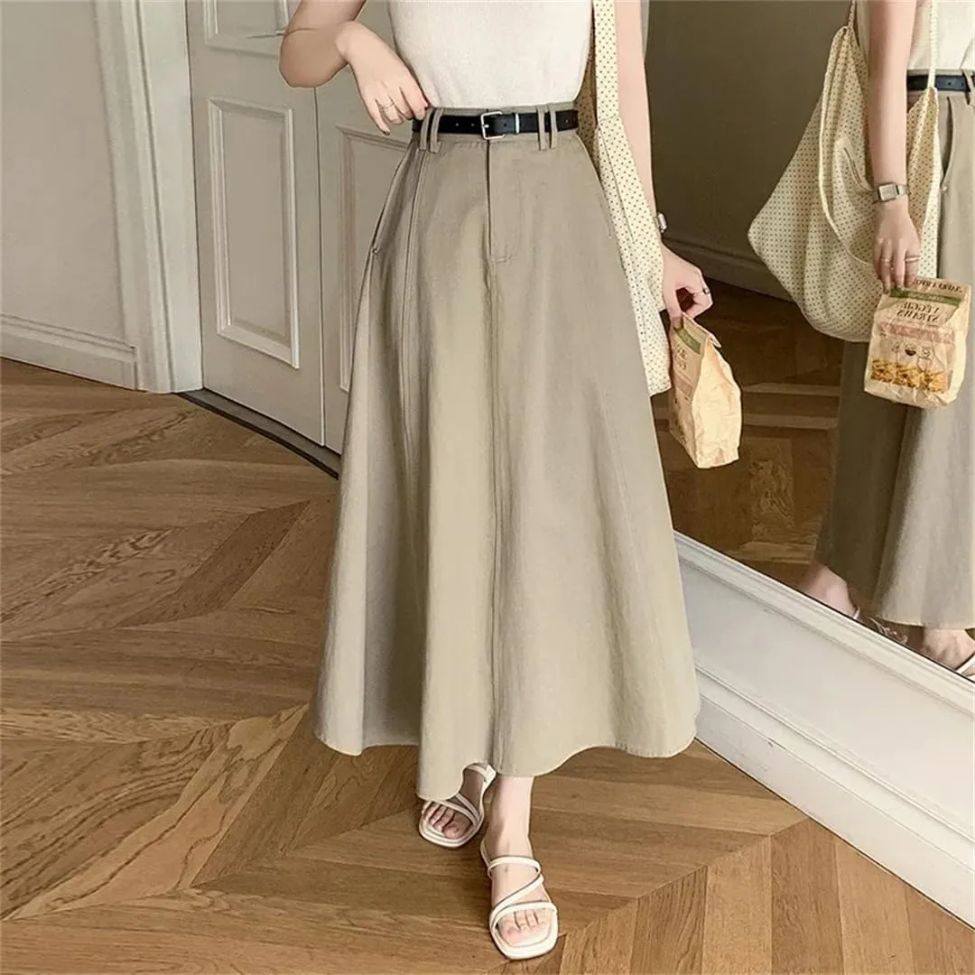 Women Spring Summer Vintage High Waist Denim A-Line Midi Elegant Pleated Umbrella Skirts