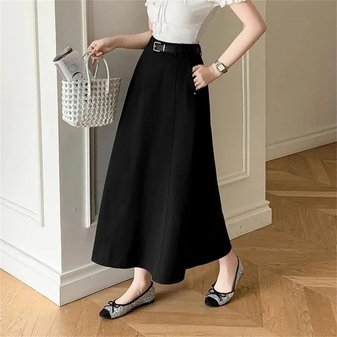 Women Spring Summer Vintage High Waist Denim A-Line Midi Elegant Pleated Umbrella Skirts