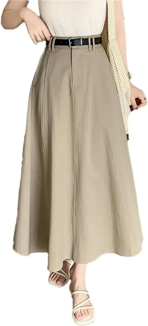 Women Spring Summer Vintage High Waist Denim A-Line Midi Elegant Pleated Umbrella Skirts