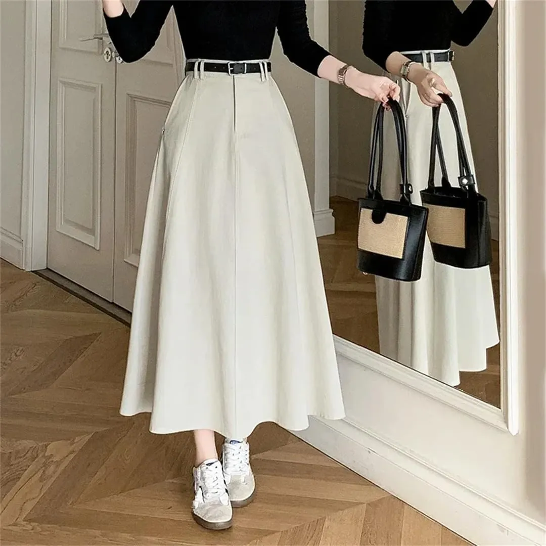 Women Spring Summer Vintage High Waist Denim A-Line Midi Elegant Pleated Umbrella Skirts