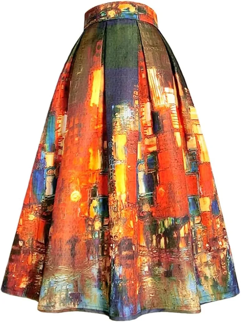 Women Spring Vintage Fantasy Oil Painting Print High Waist Pleated Midi Skirt Umbrella Skirt