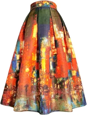 Women Spring Vintage Fantasy Oil Painting Print High Waist Pleated Midi Skirt Umbrella Skirt