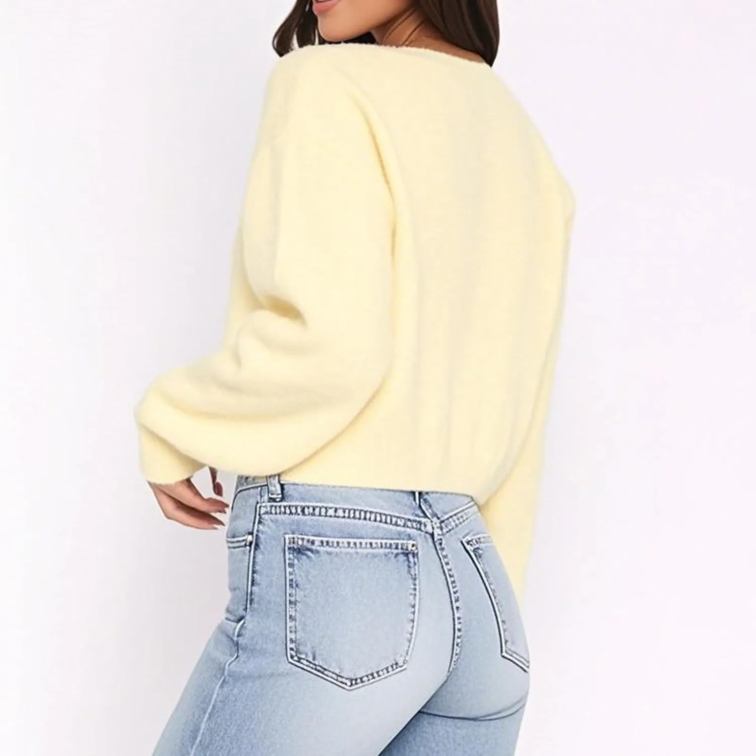 Women Y2K Button Front Crop Sweater Cardigan Solid Color Crew Neck Long Sleeve Knit Fall Tops Streetwear