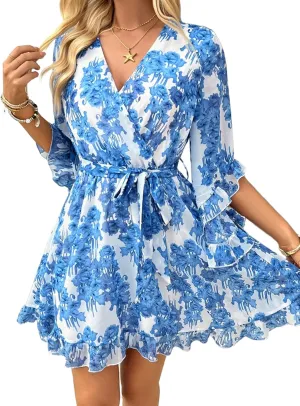 Women's Boho Floral V Neck Ruffled Swing Dress for Party