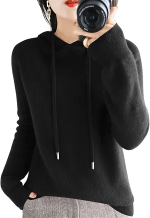 Womens Cashmere with Pullovers,Winter Casual Knitting Hoodie Fashion Sweater,Fall Drawstring Thick Sweater