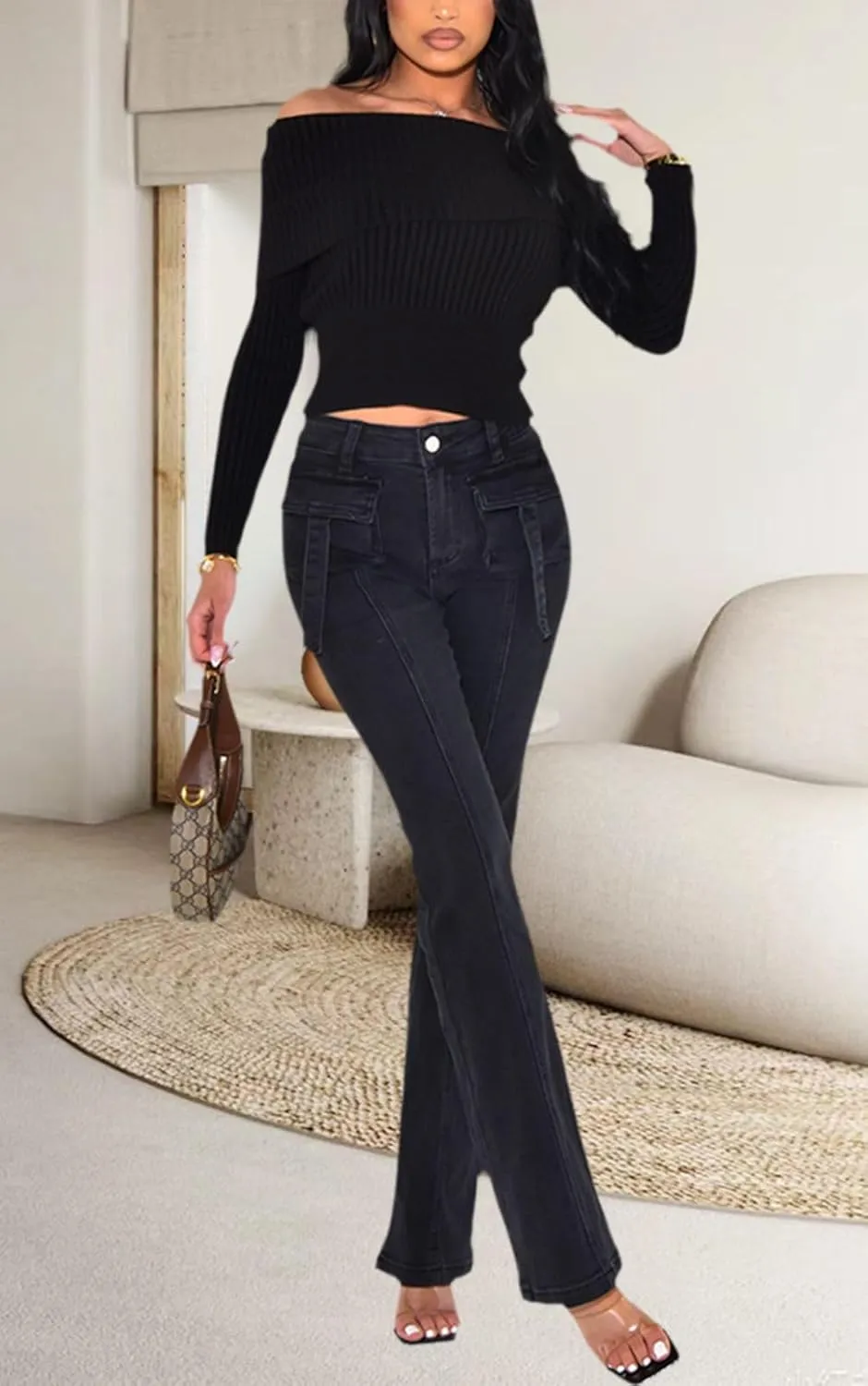 Women's Casual Straight Leg Jeans High Waist Stretchy Classic Denim Pants with Pocket