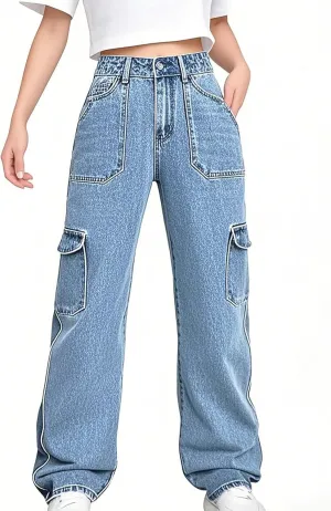 Womens Denim Cargo Pants Flap Pocket High Waisted Stretchy Straight Wide Leg Jeans