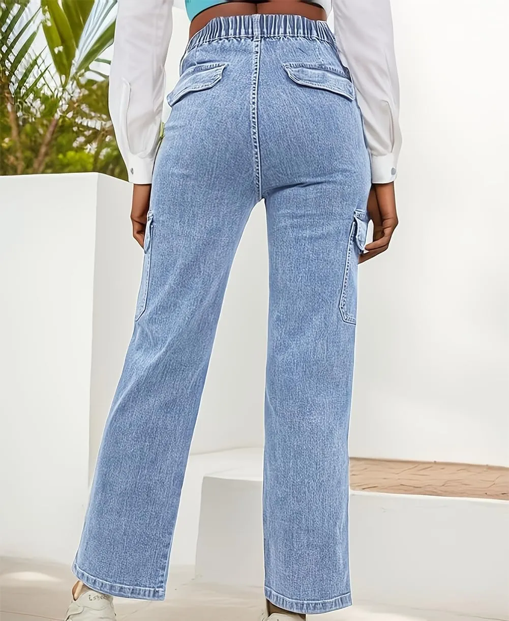 Womens Denim Cargo Pants Flap Pocket High Waisted Stretchy Straight Wide Leg Jeans