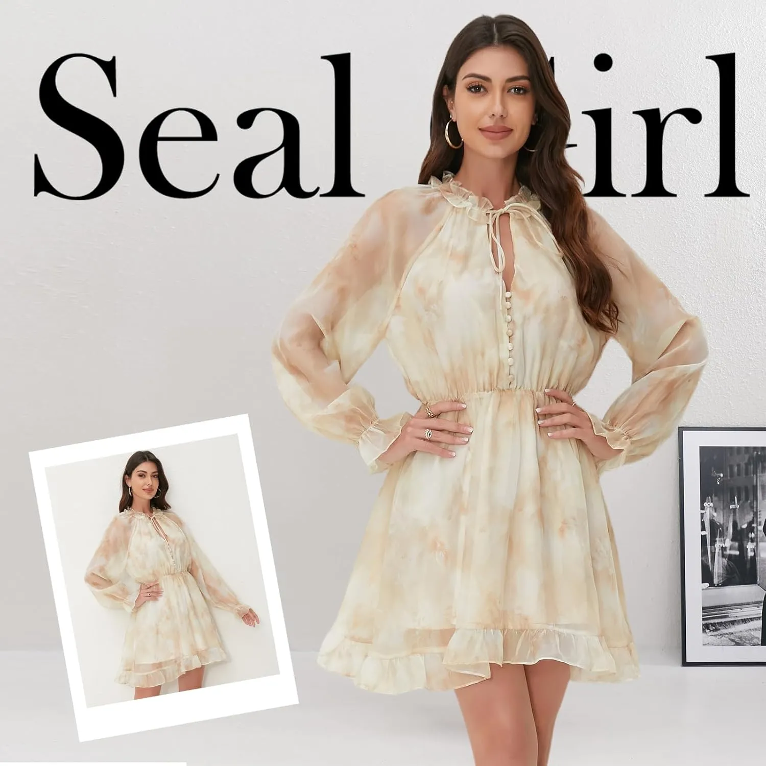 Women's Floral Mini Dress - V-Neck Long Sleeve Floral Mini Dress for Beach, Graduation or Mother's Gift, Boho Spring/Summer