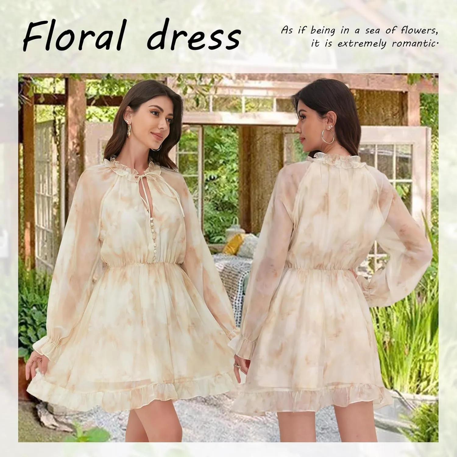 Women's Floral Mini Dress - V-Neck Long Sleeve Floral Mini Dress for Beach, Graduation or Mother's Gift, Boho Spring/Summer