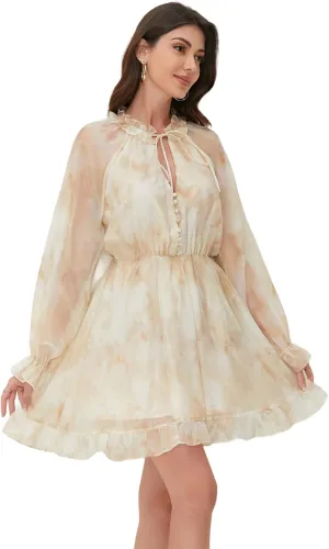 Women's Floral Mini Dress - V-Neck Long Sleeve Floral Mini Dress for Beach, Graduation or Mother's Gift, Boho Spring/Summer