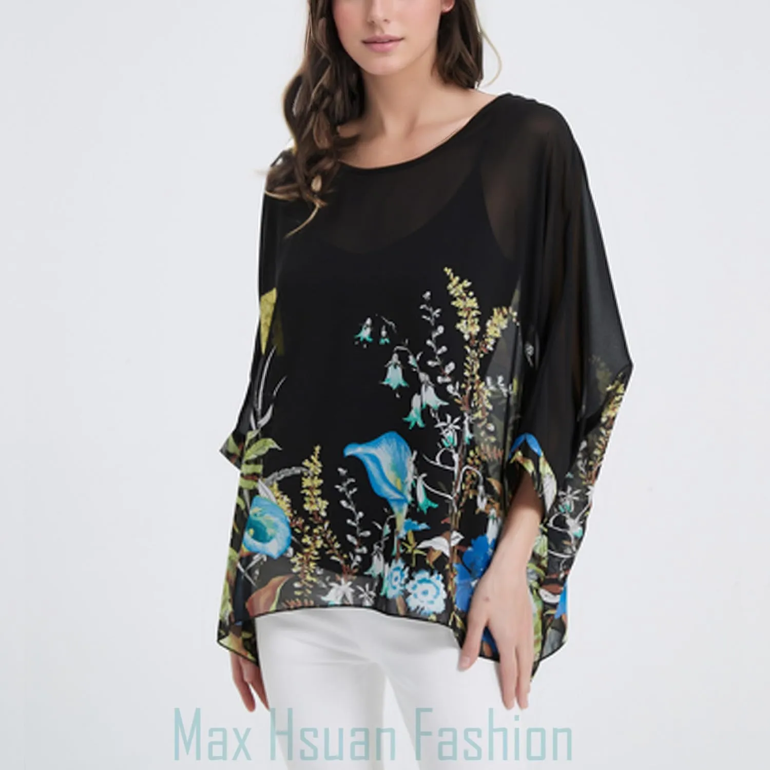 Women's Loose Alicia Floral Print Chiffon Blouse Batwing Blouses Bohemian Flowy Tops Top T-Shirt