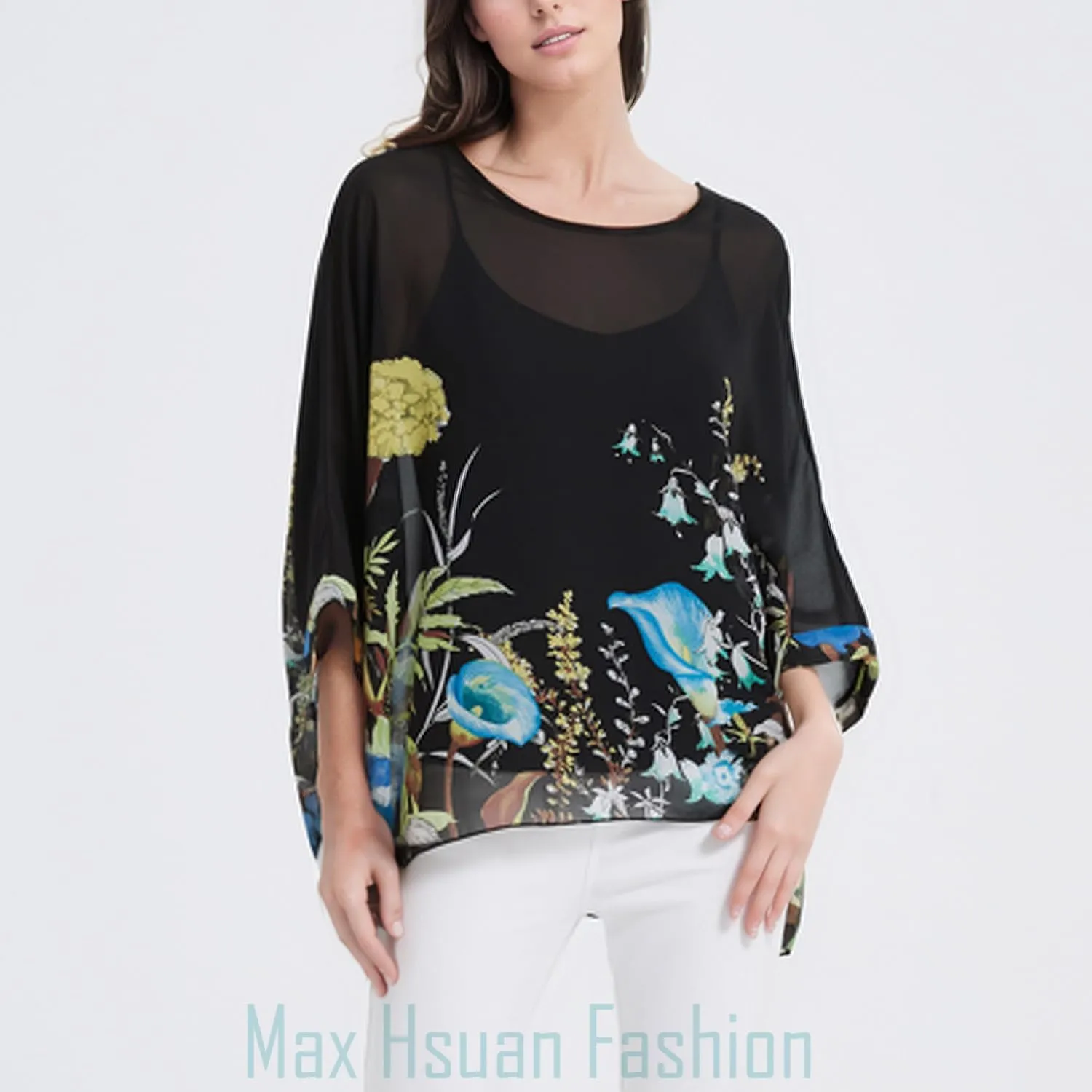 Women's Loose Alicia Floral Print Chiffon Blouse Batwing Blouses Bohemian Flowy Tops Top T-Shirt