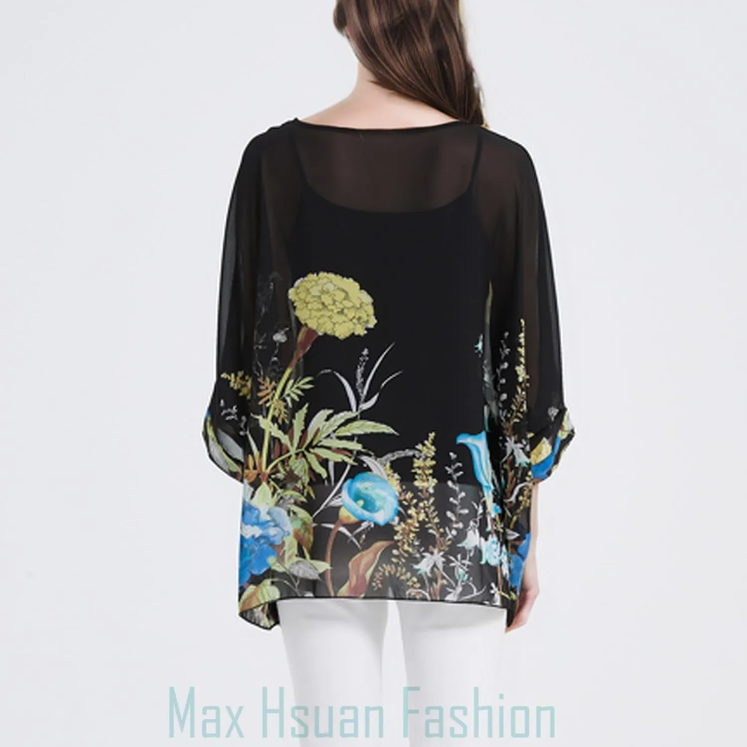 Women's Loose Alicia Floral Print Chiffon Blouse Batwing Blouses Bohemian Flowy Tops Top T-Shirt