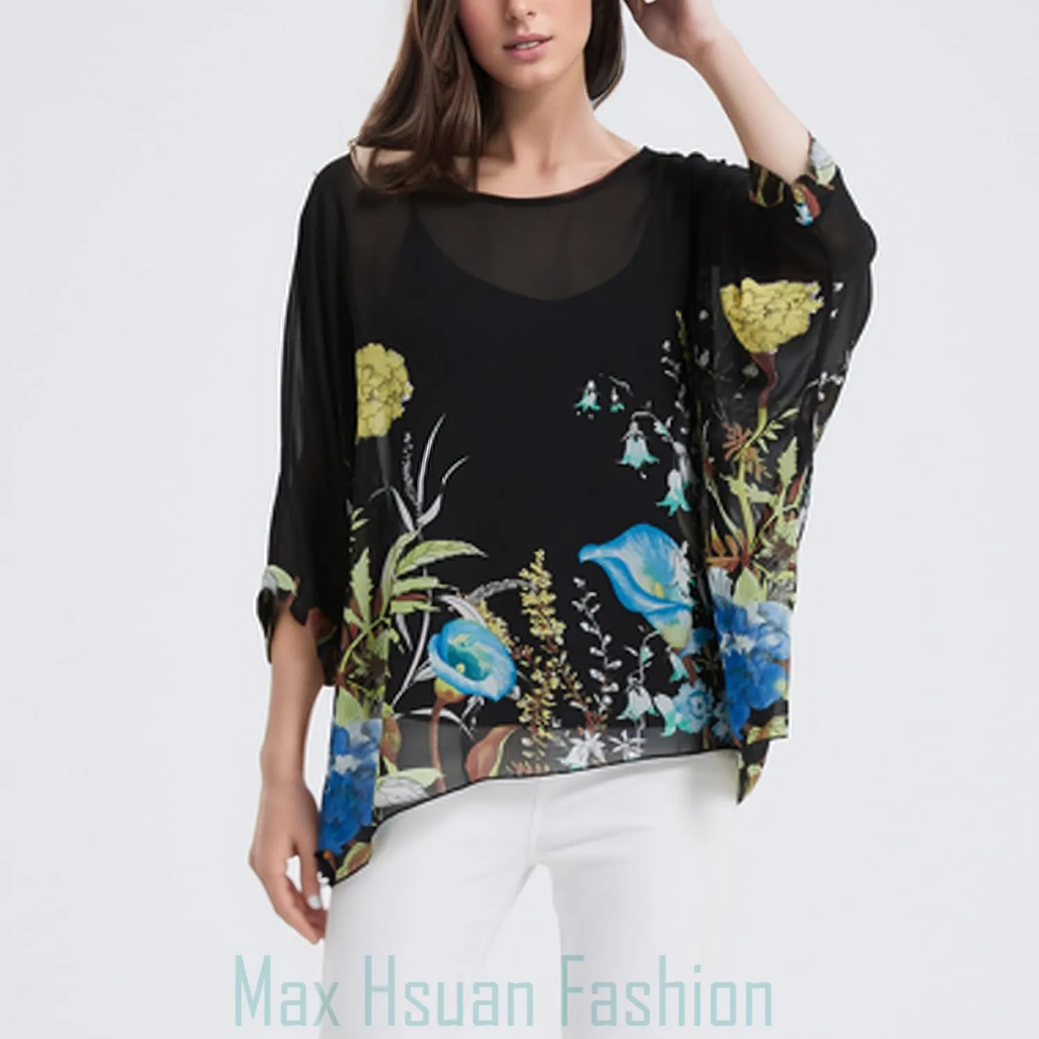 Women's Loose Alicia Floral Print Chiffon Blouse Batwing Blouses Bohemian Flowy Tops Top T-Shirt