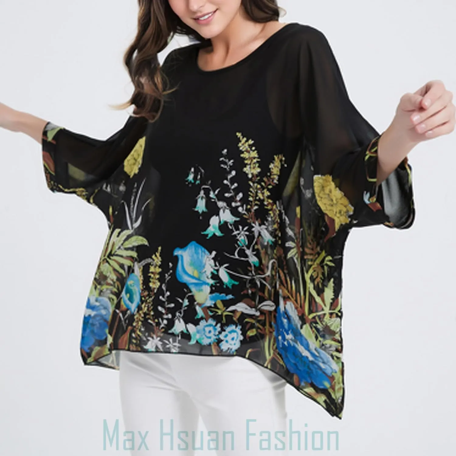Women's Loose Alicia Floral Print Chiffon Blouse Batwing Blouses Bohemian Flowy Tops Top T-Shirt