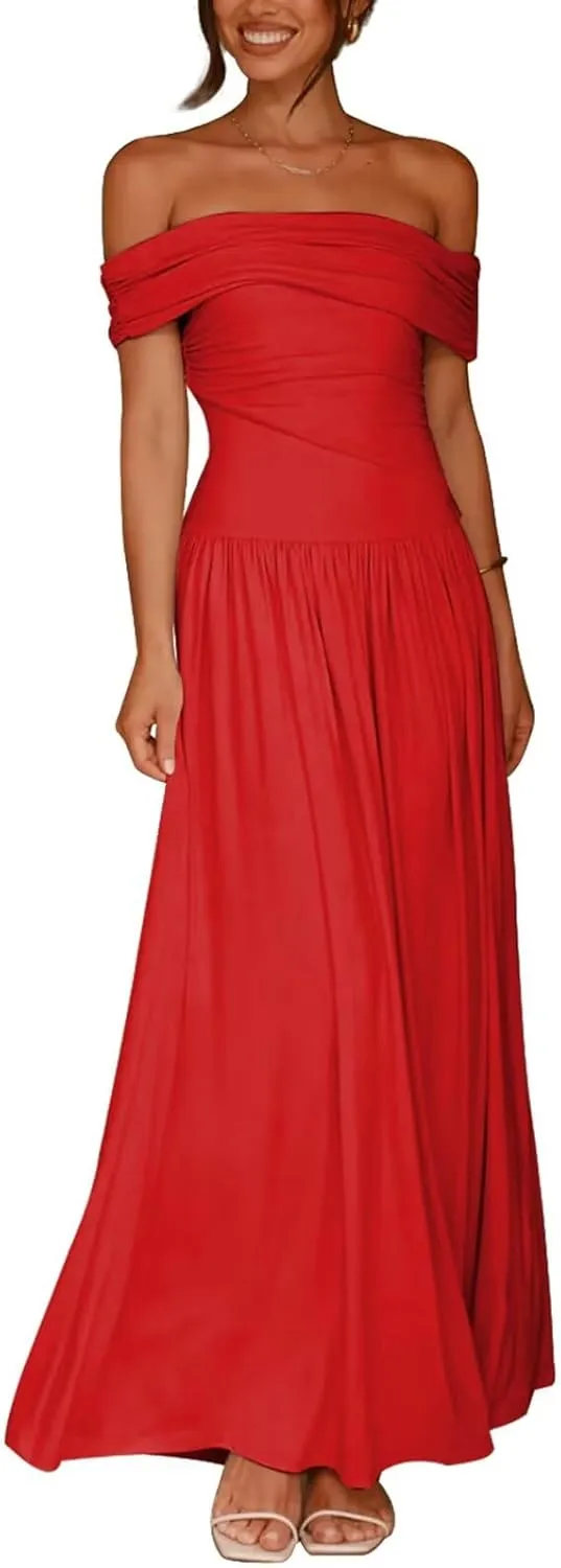 Women's Off The Shoulder Maxi Dress Bodycon Ruched Flowy Long Dresses Pleated Formal Dress