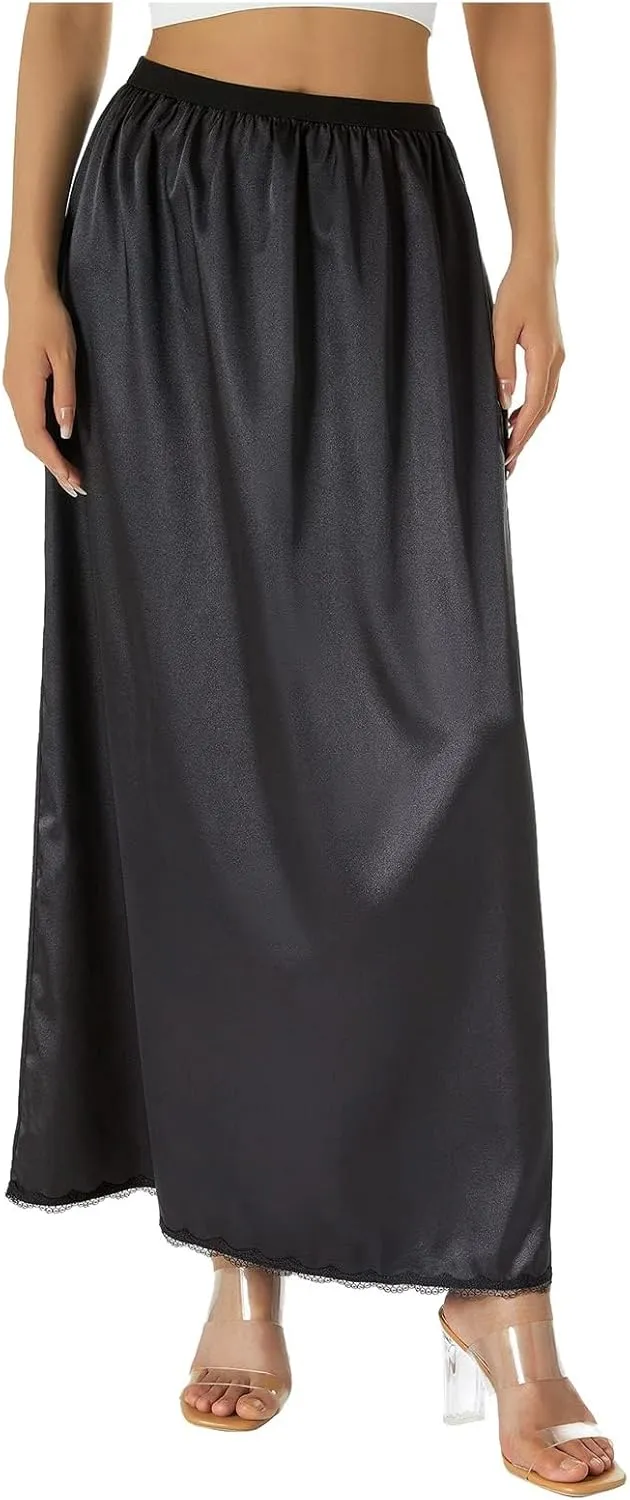 Womens Satin Half Slips with Lace Trim Long Underskirt for Under Dresses Slip Skirt Extender Anti-Static Comfort Wear