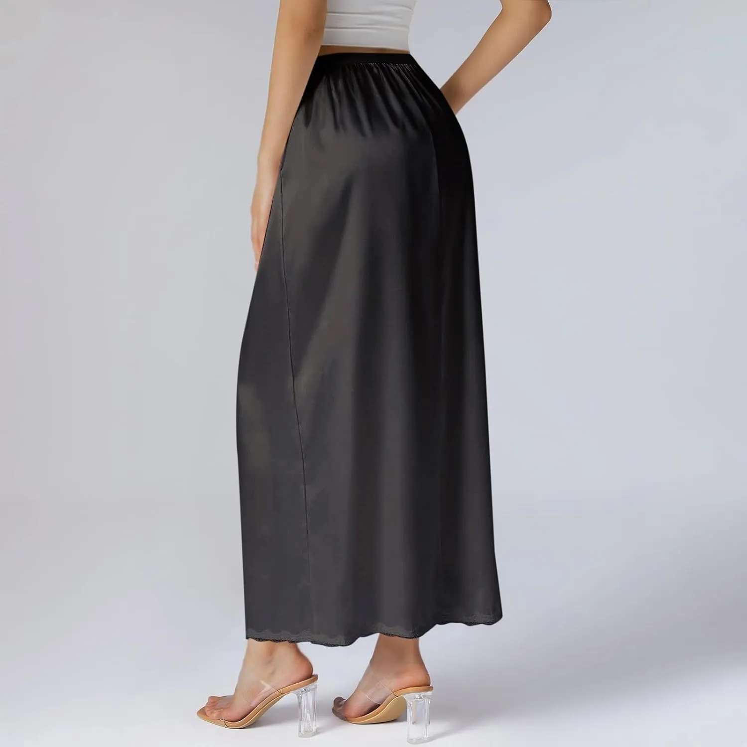 Womens Satin Half Slips with Lace Trim Long Underskirt for Under Dresses Slip Skirt Extender Anti-Static Comfort Wear
