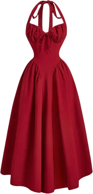 Women's Summer Halter Neck Croset Dress Lace Up Backless A Line Flowy Beach Midi Dress