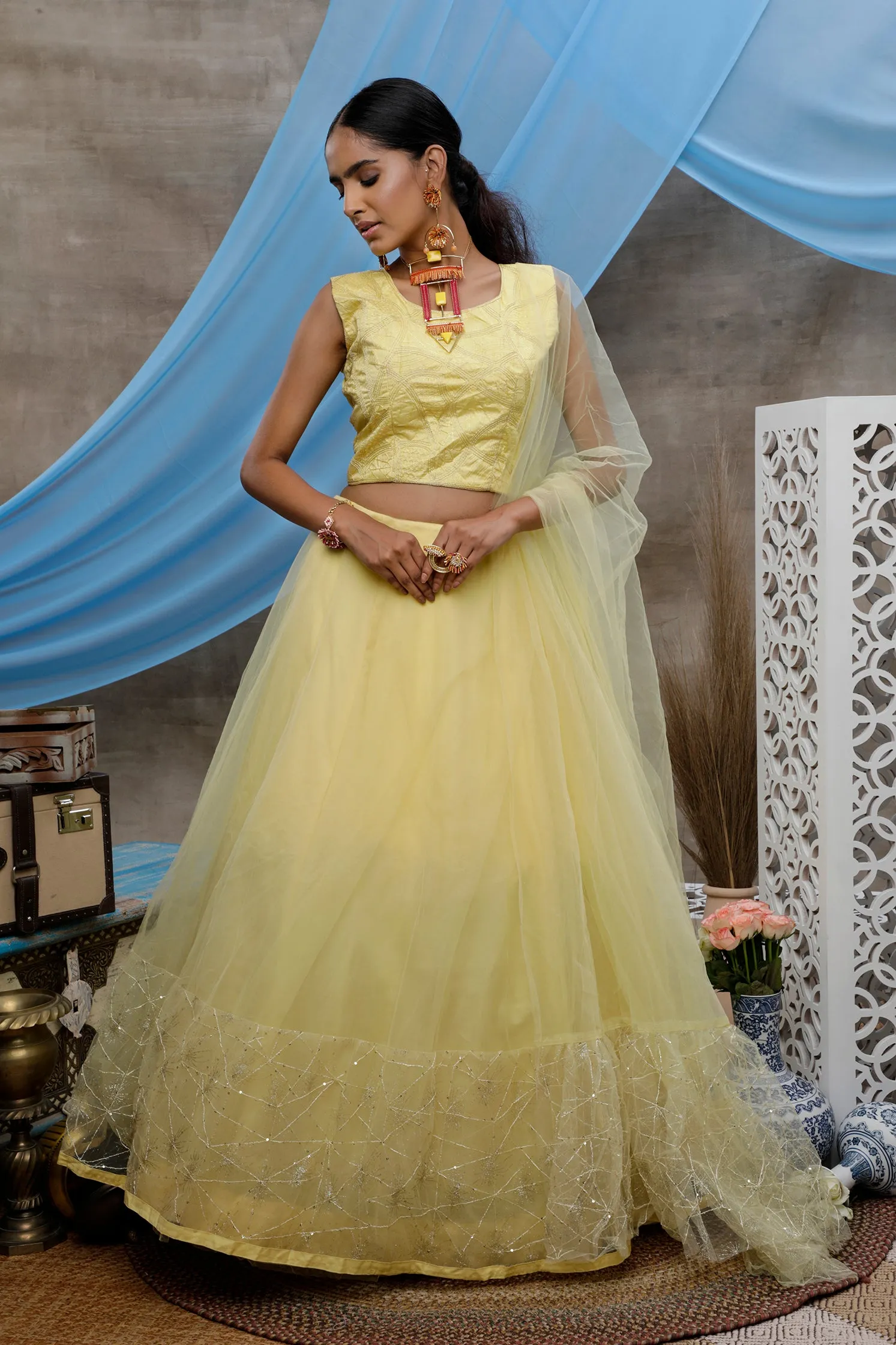 Yellow Ruffle Thread Net Party Wear Lehenga Choli